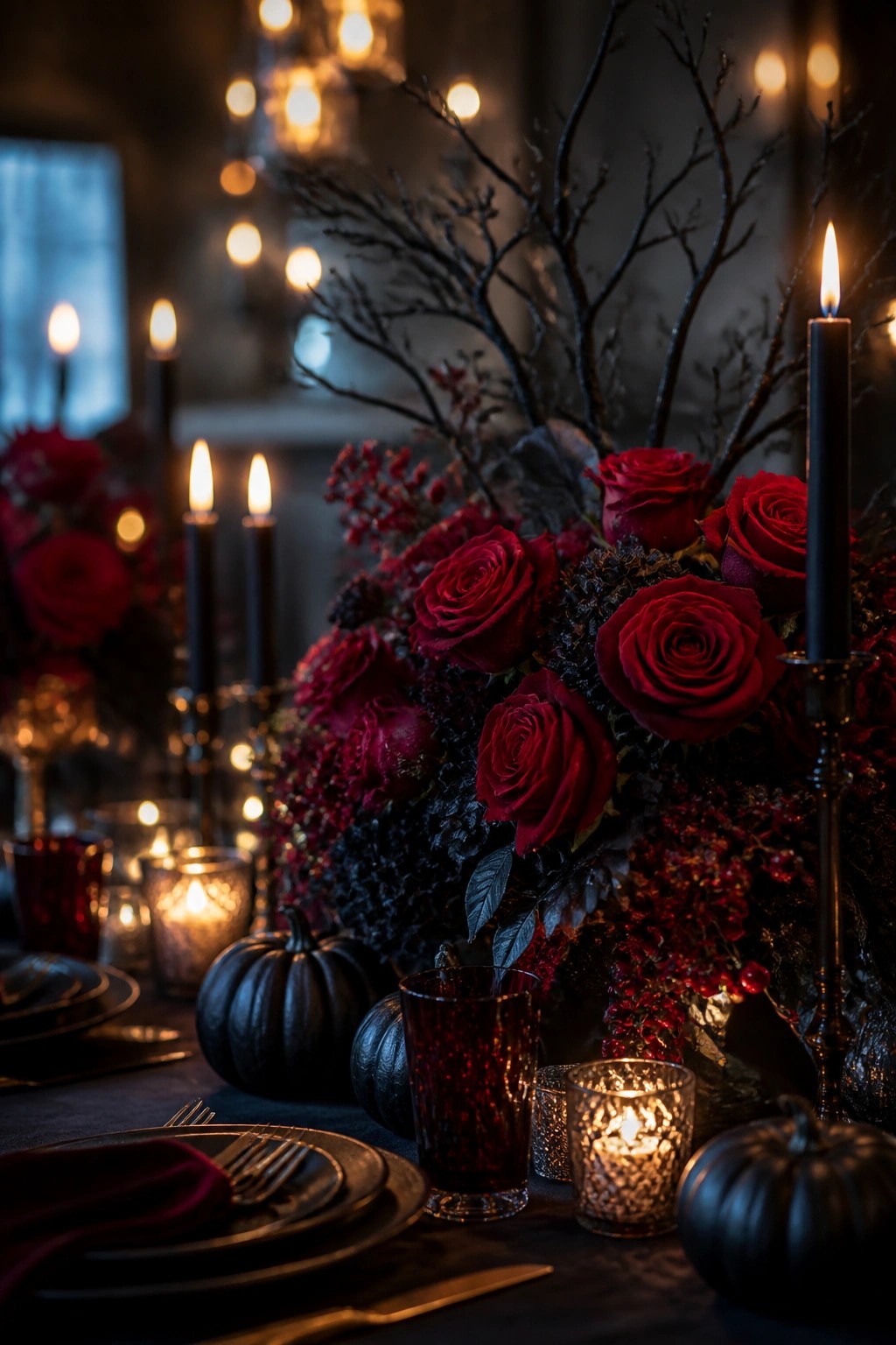 Dining table with a large centerpiece of black branches, red roses, black pumpkins, and lit black candles.