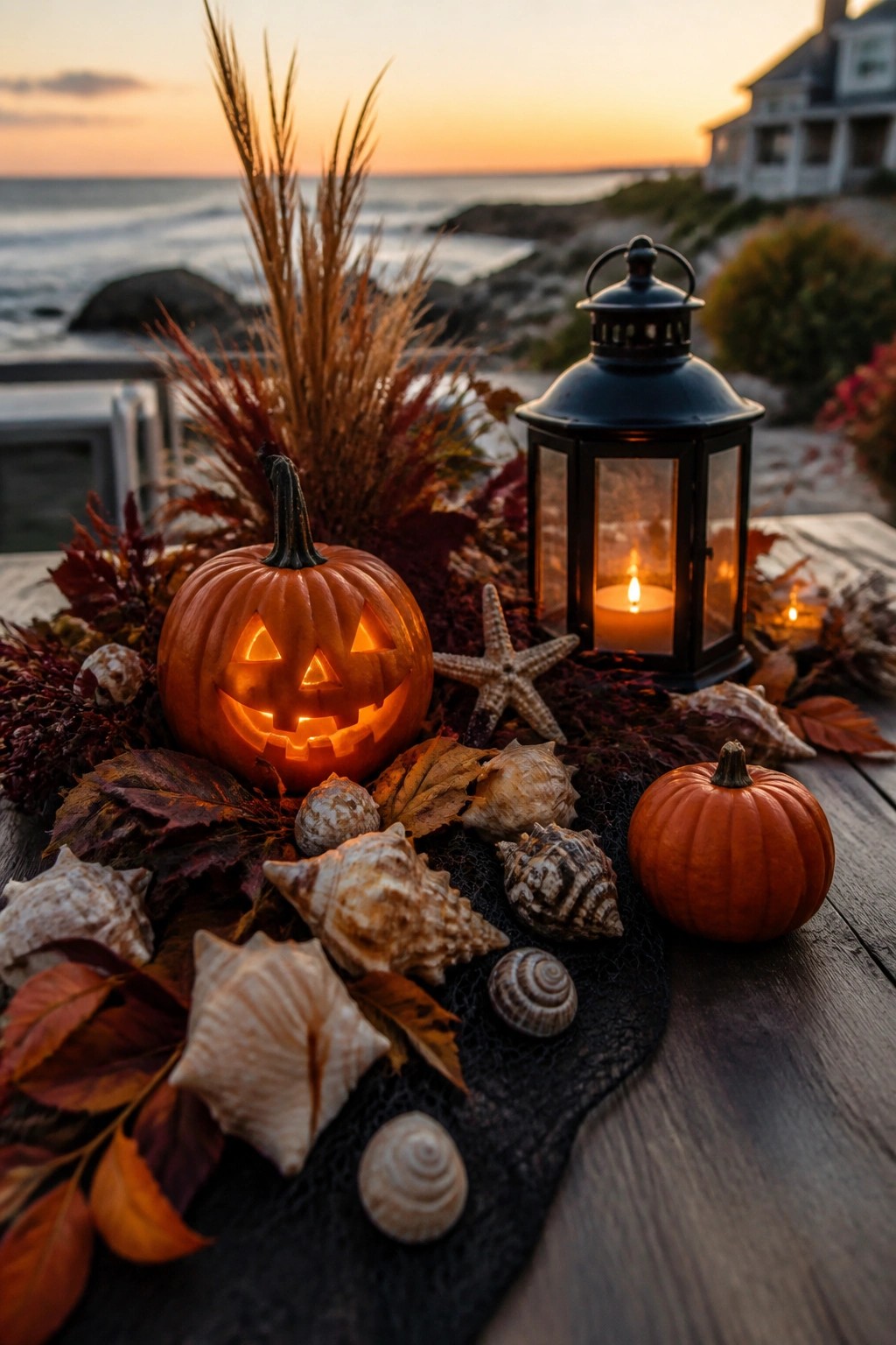 Glowing jack-o'-lantern beside lantern with seashells, autumn leaves, and starfish overlooking sunset ocean