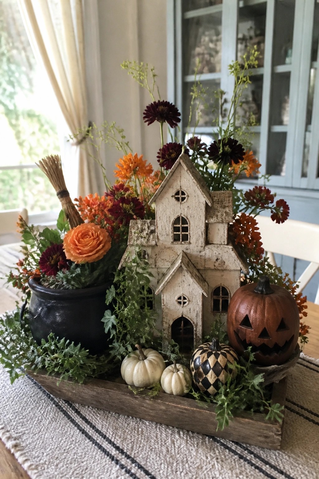 Wooden tray on a table holding a miniature white wooden house, a carved jack o' lantern, a broom, small pumpkins, and orange and burgundy flowers.