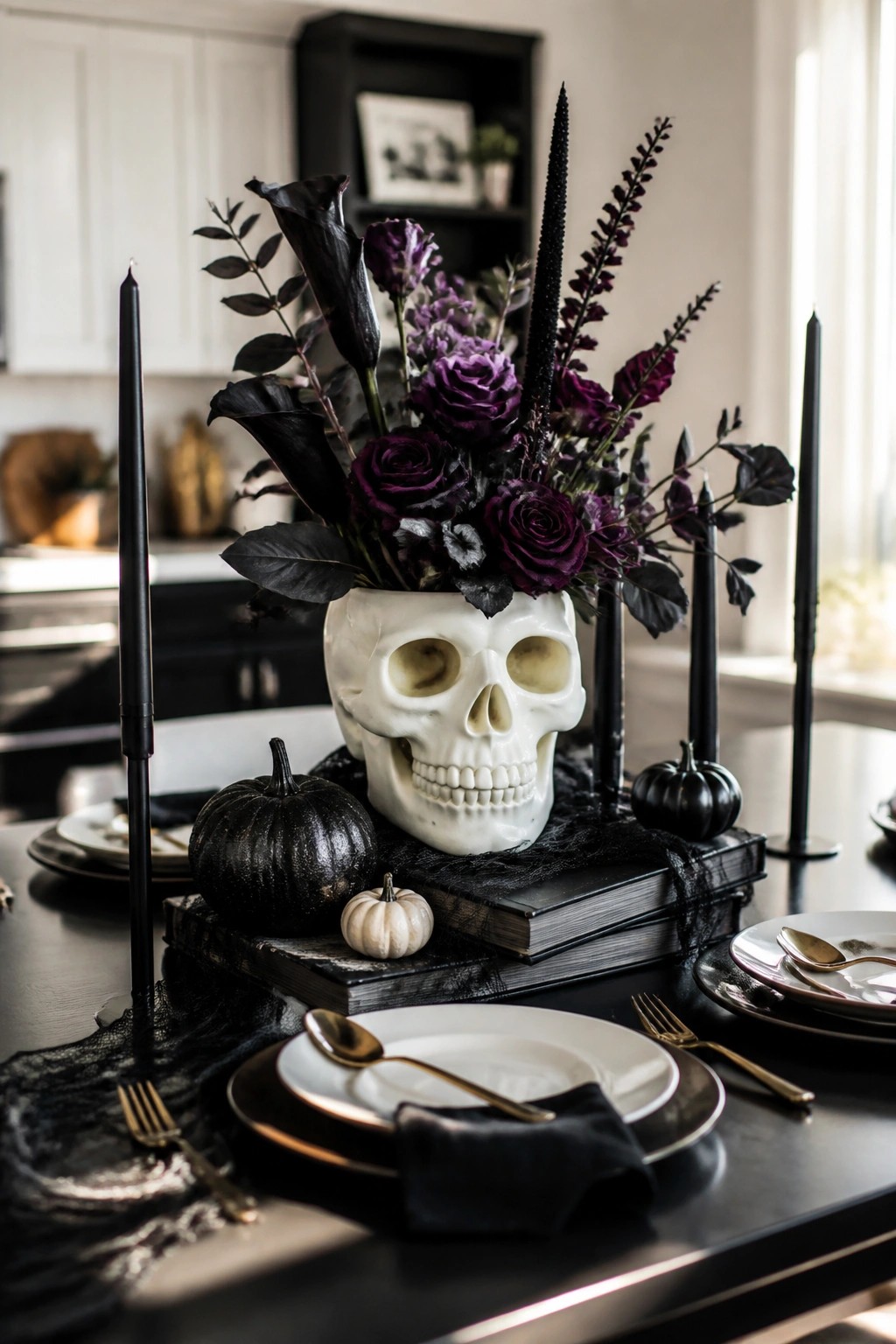 White skull vase filled with dark purple roses and black foliage as a centerpiece on stacked books, surrounded by black taper candles and black pumpkins on a dining table.