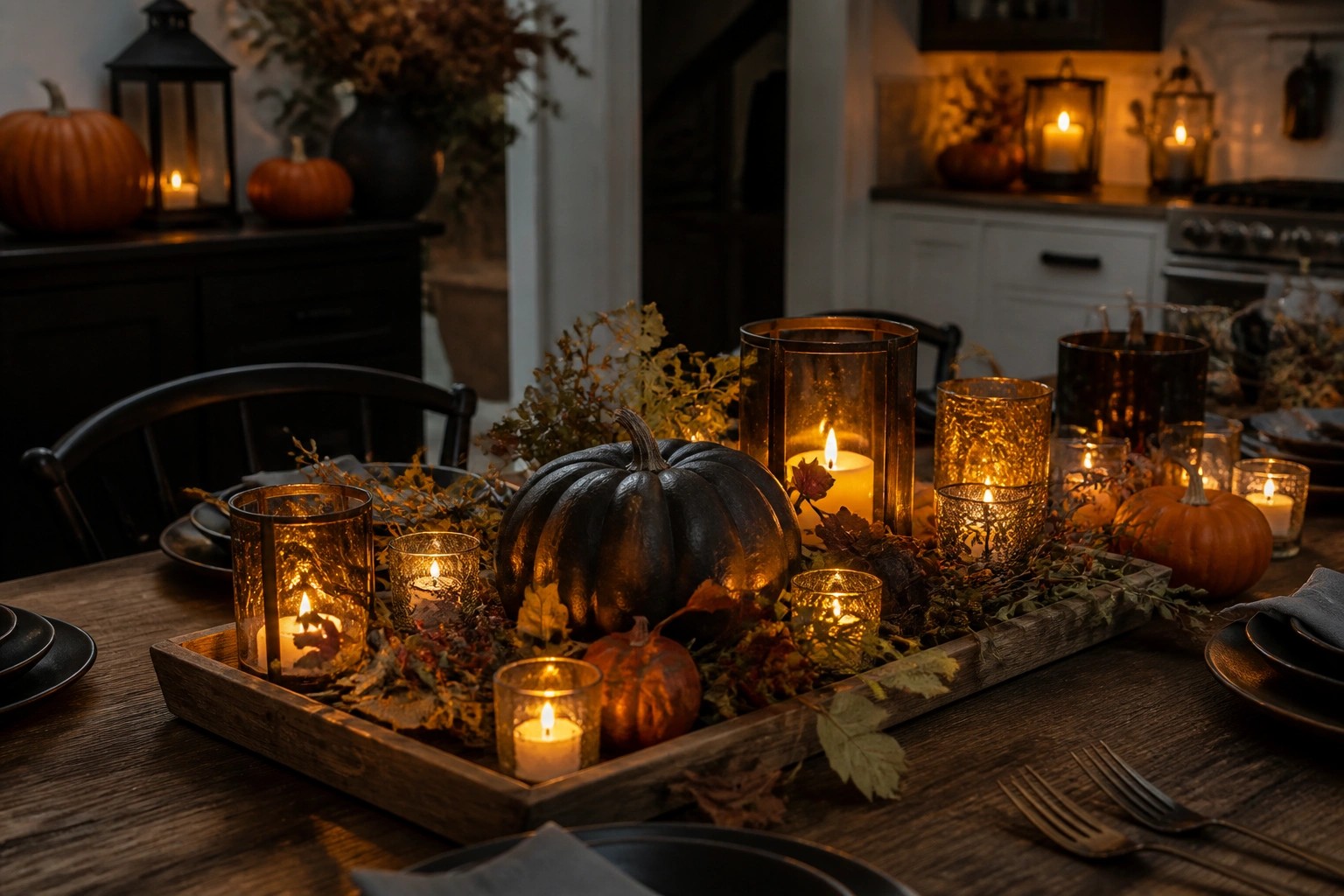 Autumn table with white pumpkins, lit black candles, black crows, and dark foliage.