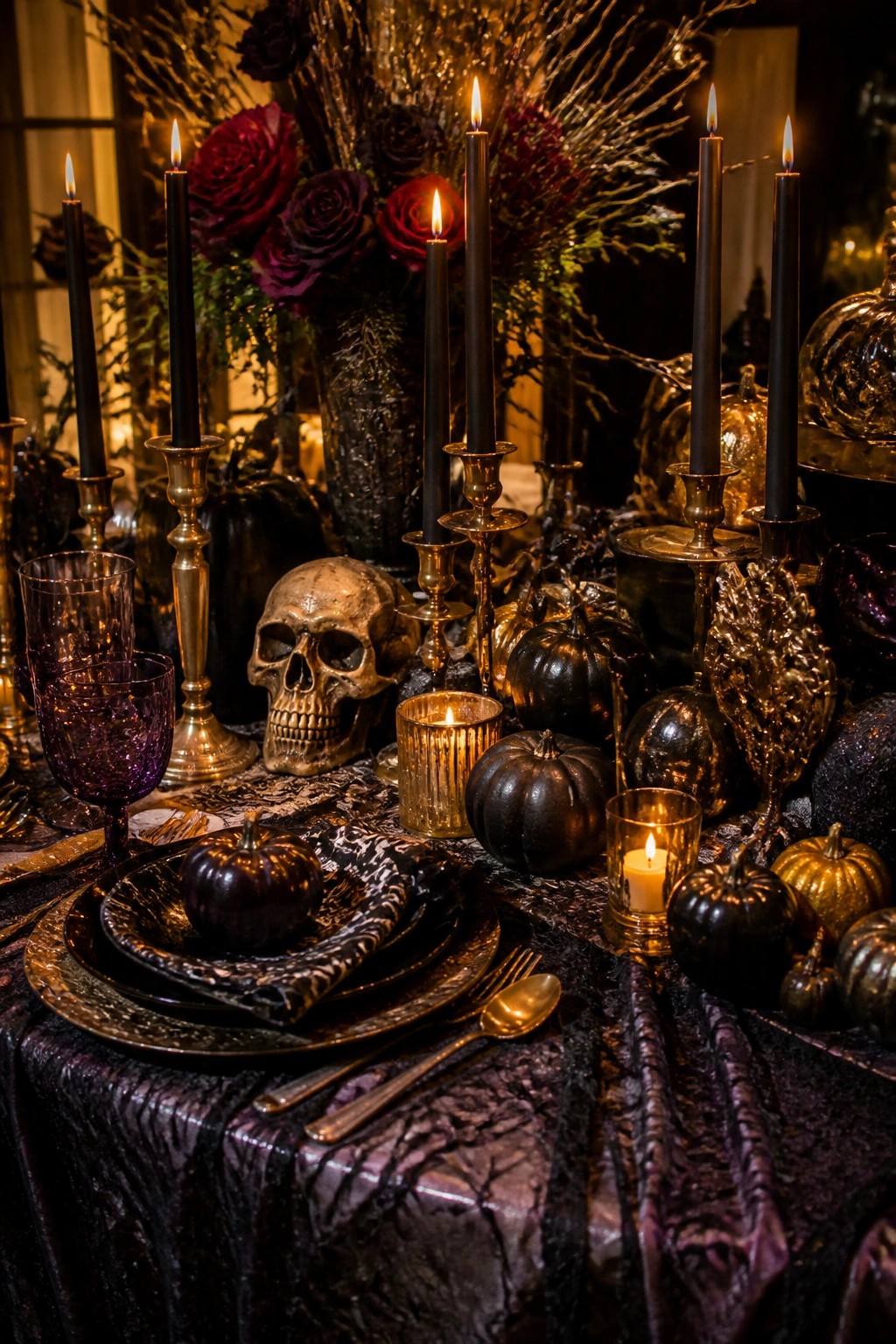 Dining table with black taper candles in gold holders arranged around a decorative skull, black pumpkins, and dark roses as a Halloween centerpiece.
