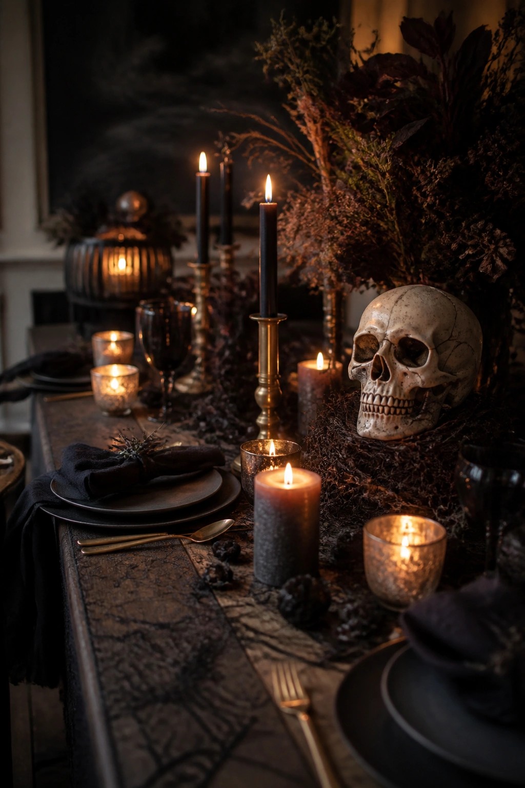 Gothic table with black plates, lit candles, and a skull amid dark foliage.