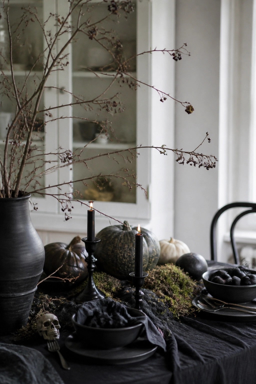 A dining table set with black candles in candlesticks, bare branches in a dark vase, a small skull, black bowls, and dark pumpkins arranged on a black tablecloth.