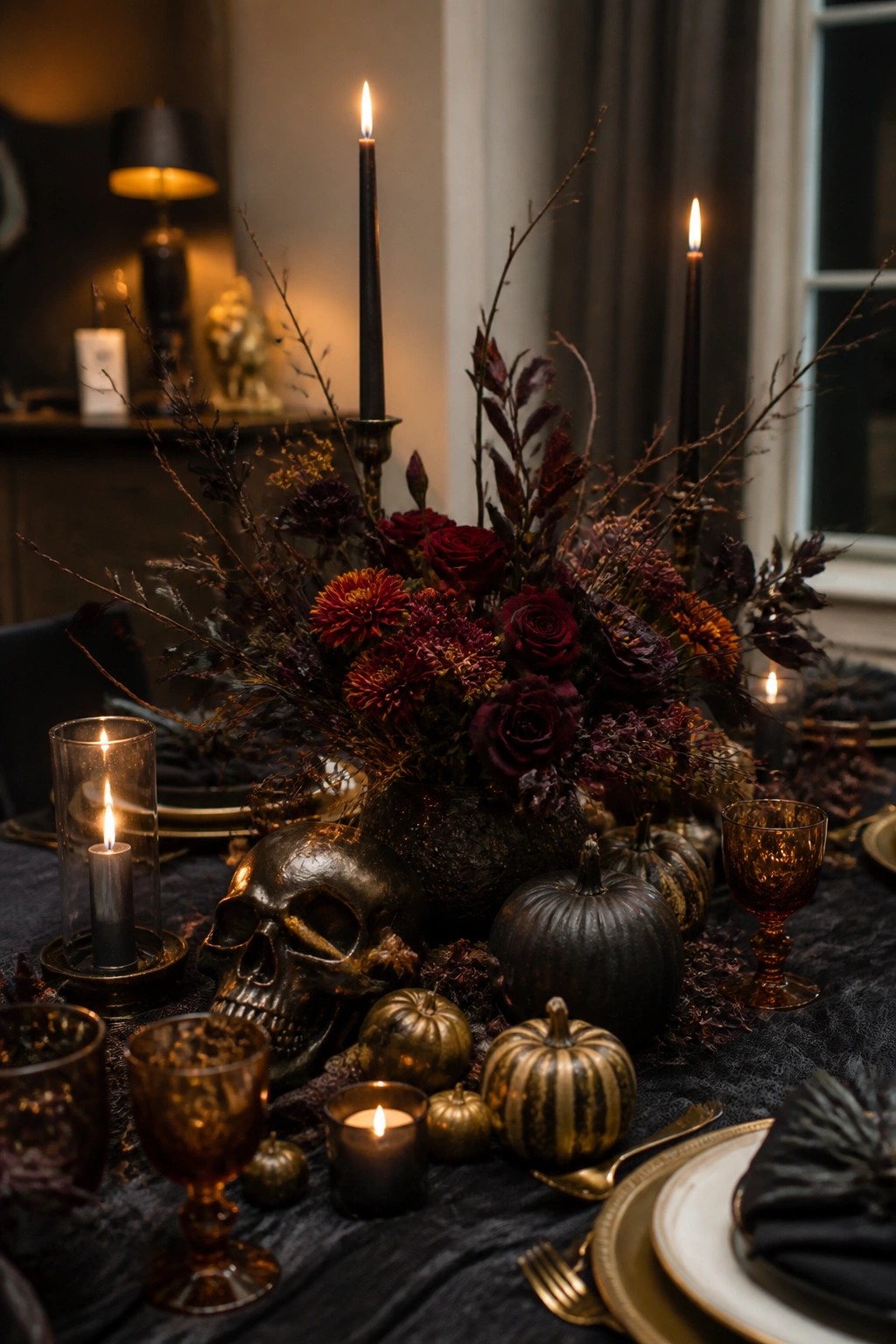 Dark dining table centerpiece featuring a metallic skull, black pumpkins, dark red and orange flowers with branches, and black taper candles.