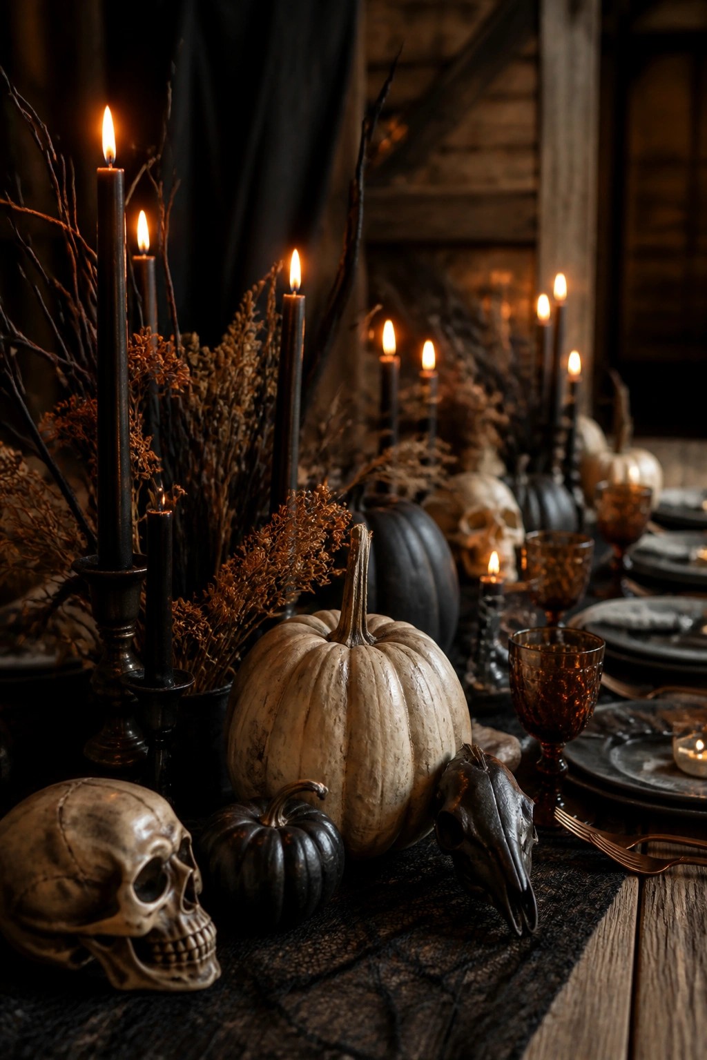 A long dining table set with black taper candles, skulls, black and white pumpkins, and dark glassware arranged as a Halloween centerpiece.
