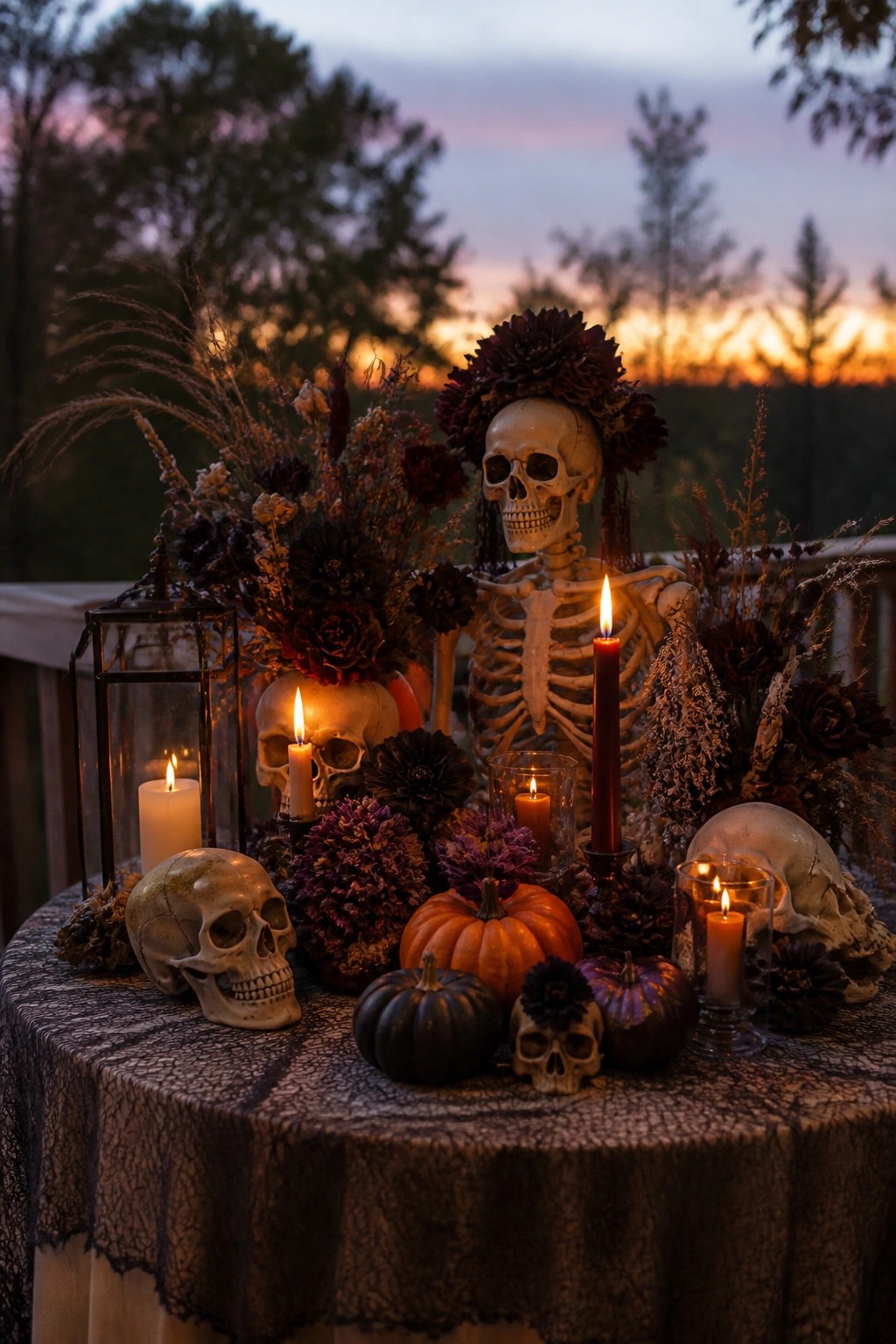 Skeleton with floral crown amid skulls, pumpkins, and lit candles on lace table at sunset