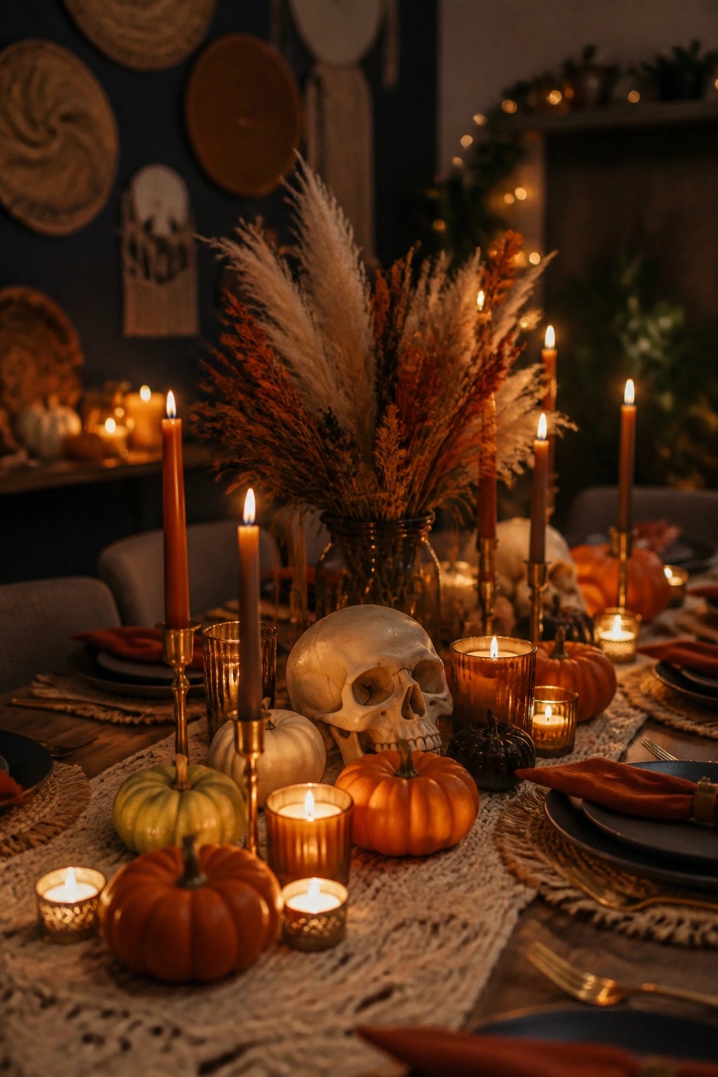 A dining table centerpiece featuring a white skull surrounded by orange candles, small pumpkins, and dried grasses on a lace runner.
