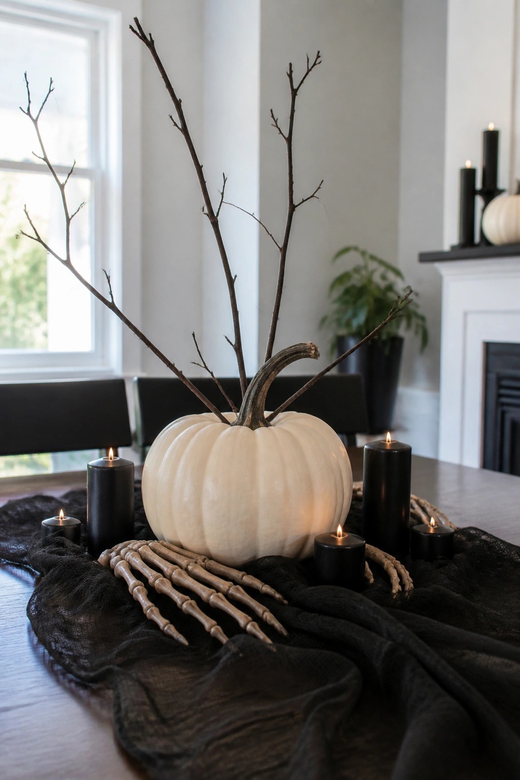 White pumpkin with bare branches, black candles, and skeleton hand on dark fabric