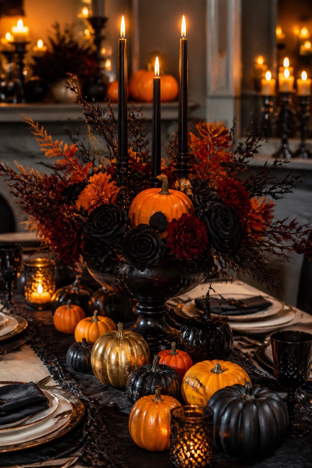 Dining table centerpiece featuring a large black urn with black roses, dark branches, an orange pumpkin, and tall black taper candles surrounded by smaller pumpkins.