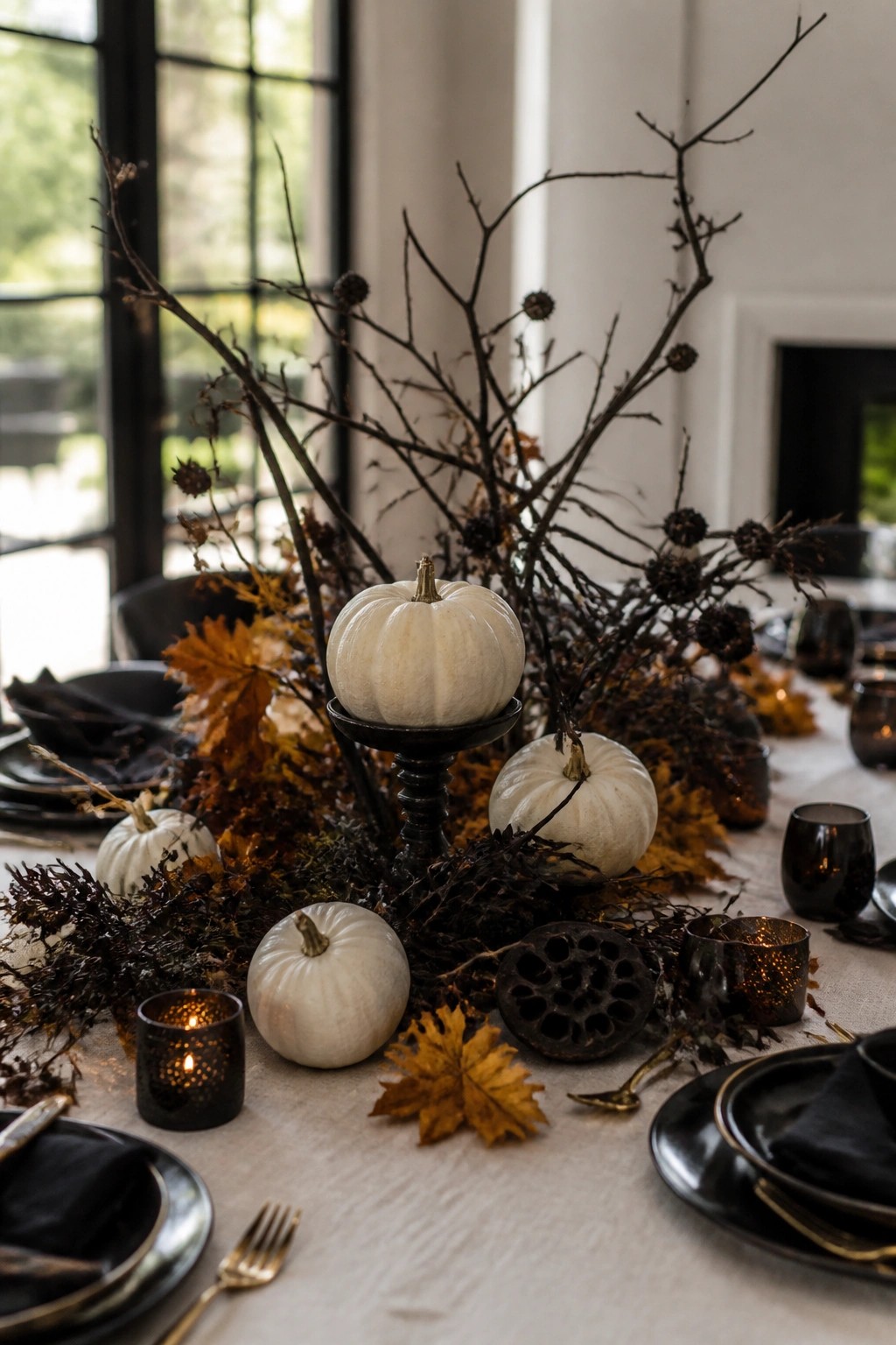 Dining table with a tall black branch centerpiece holding white pumpkins on stands, surrounded by dark tableware and dried leaves.