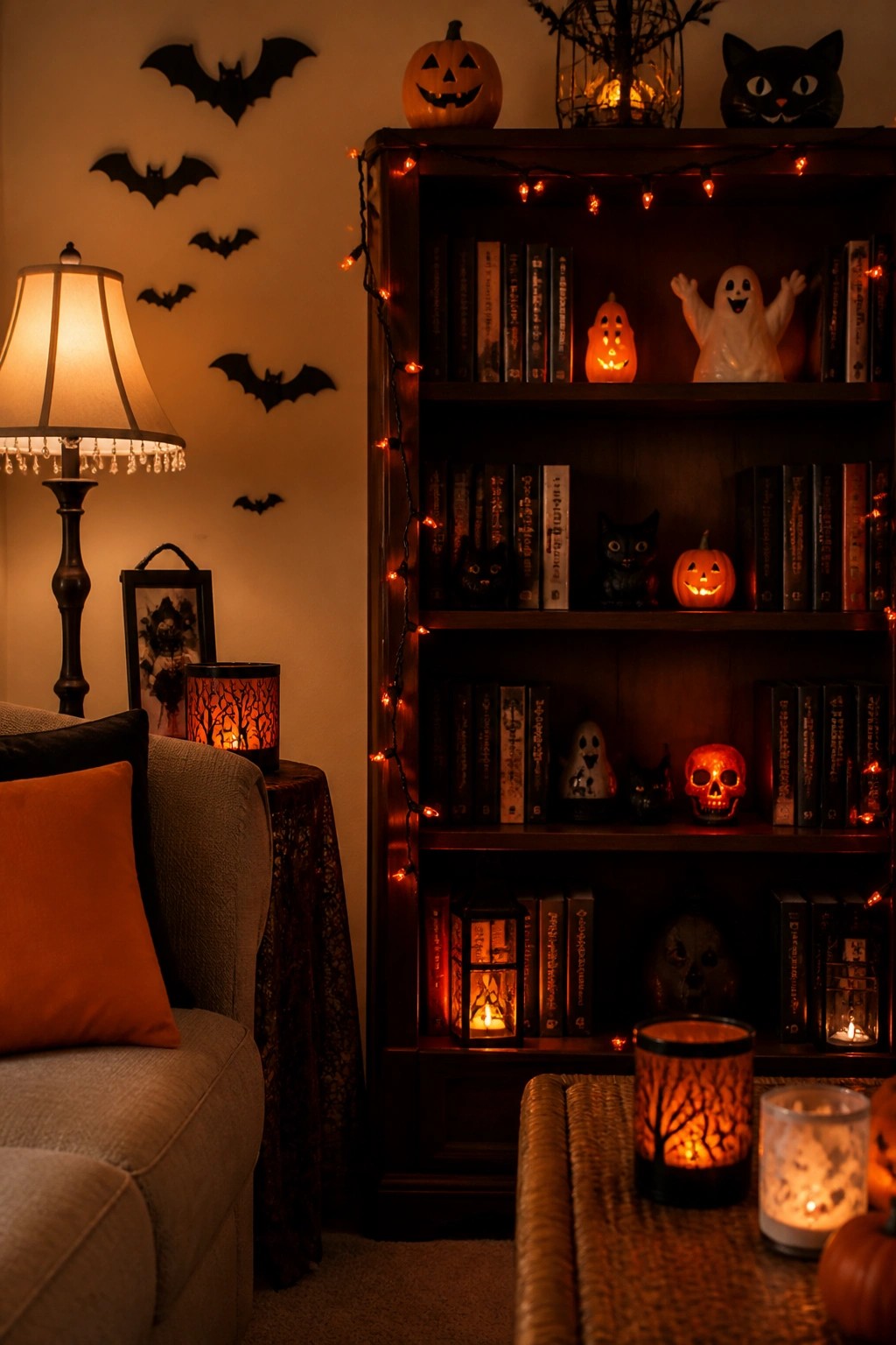 Dark wooden bookshelf lined with orange string lights and filled with ghost figures, jack-o-lanterns, black cats, and skulls, with black bat cutouts on the wall above.