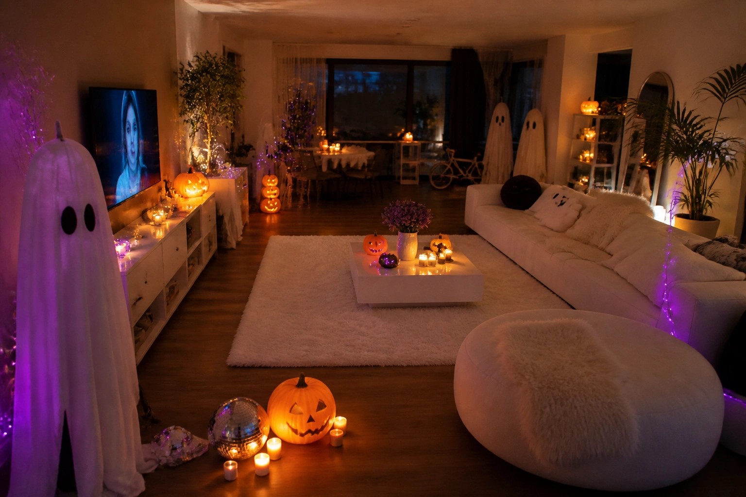 Living room with white sofa, glass coffee table, and a vertical line of black bat decorations on the wall beside a fireplace decorated with jack-o'-lanterns.