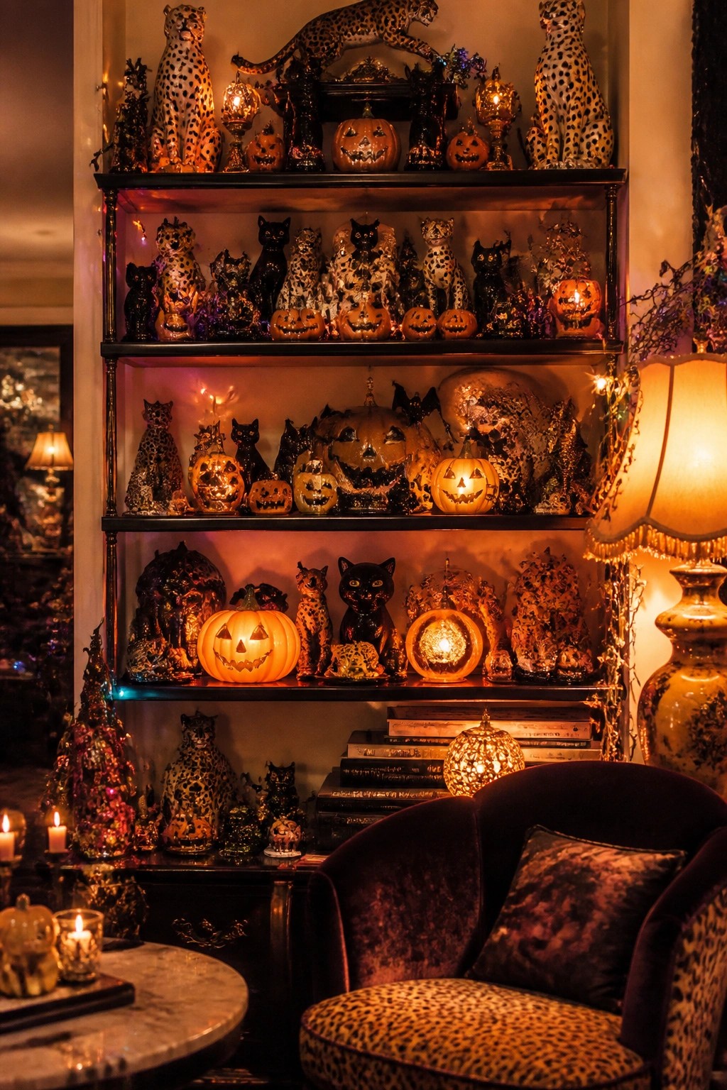 Built-in shelves filled with glowing jack o lanterns, black cat figurines, and leopard print animal figures in a living room setting.