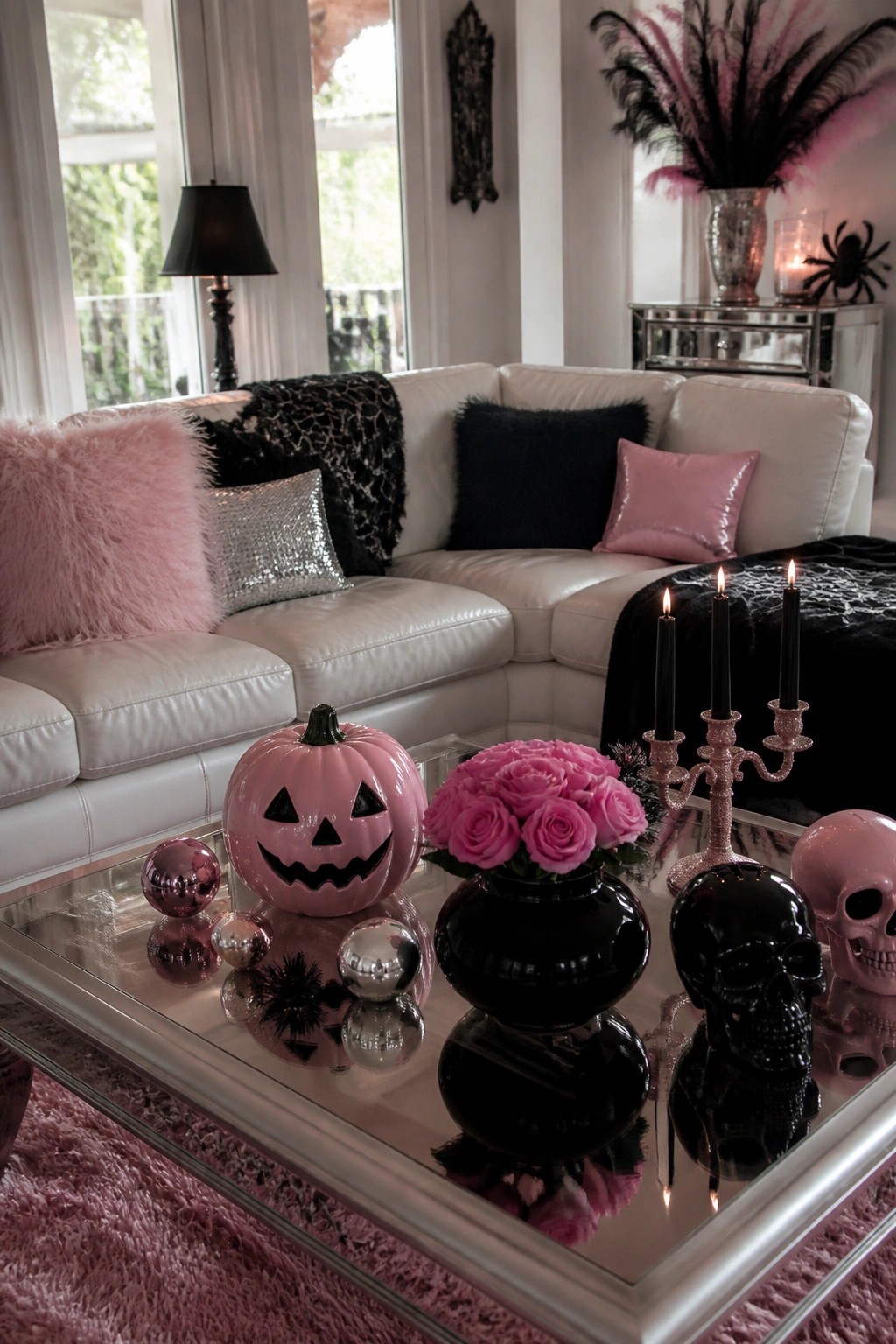 Coffee table in a living room styled with a pink jack o lantern, black skulls, a black candelabra with lit candles, and a vase of pink roses on a mirrored surface.