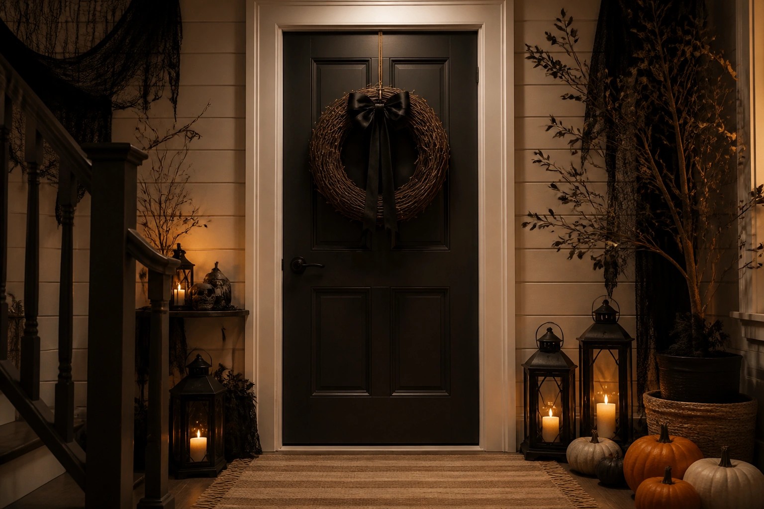 Black front door with a large black and orange wreath and several orange and black pumpkins arranged on the floor at the base.