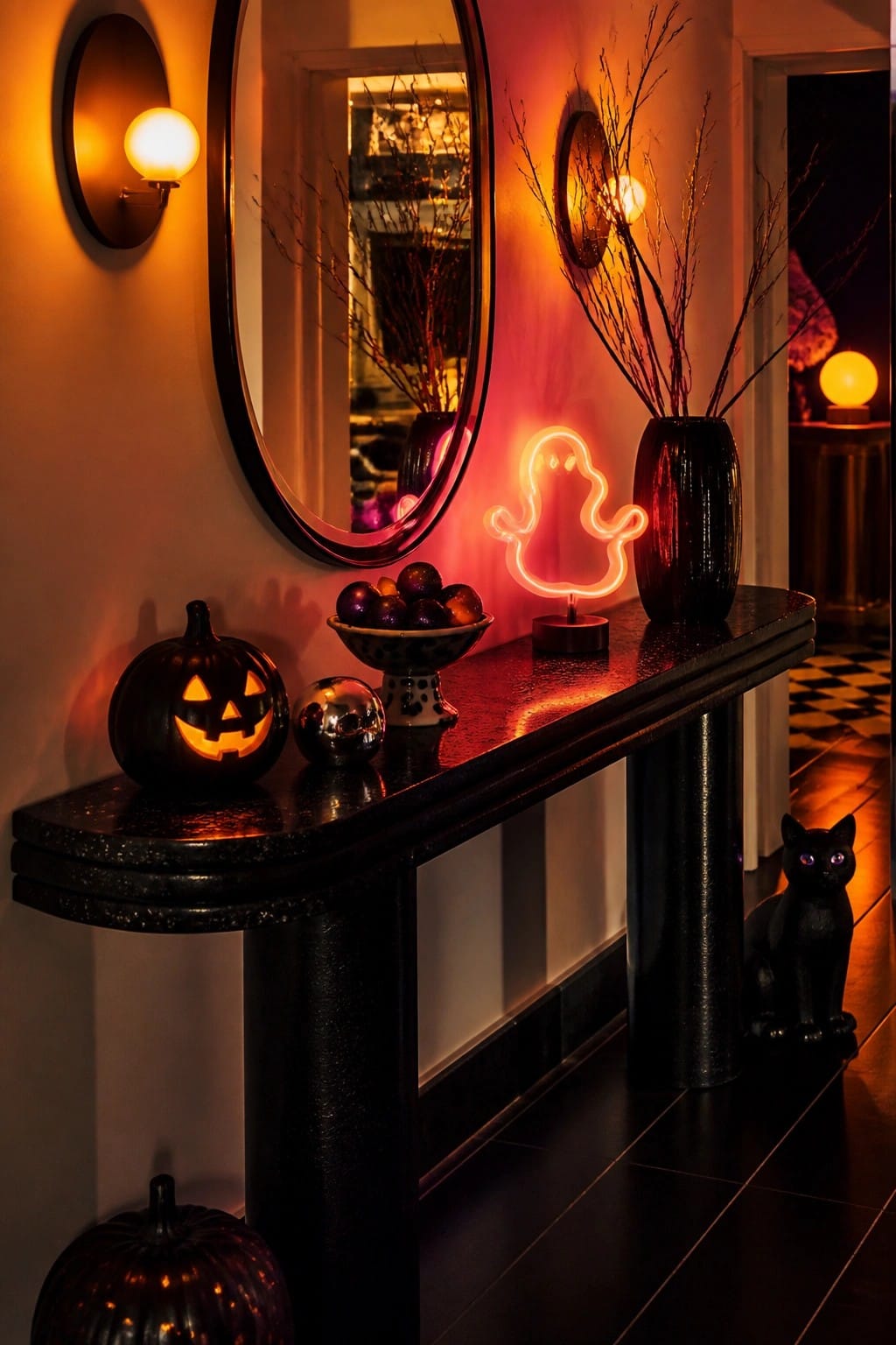 Entry console table with a glowing neon ghost light, carved pumpkin, black cat figurine, and bowl of dark orbs in front of a large round mirror.