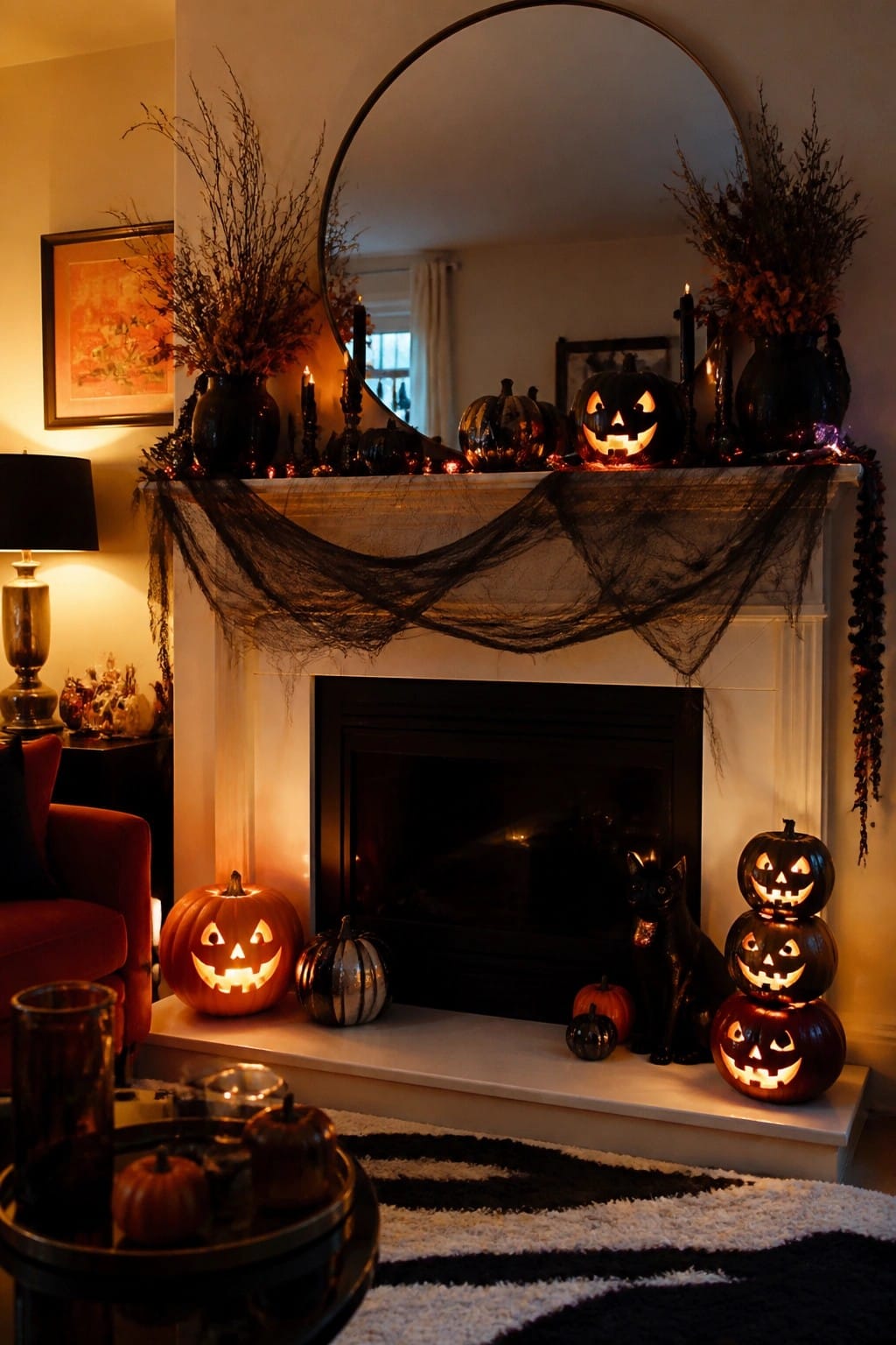 White fireplace mantel styled with multiple lit jack o lanterns, black candles, black pumpkins, and draped black fabric for Halloween.