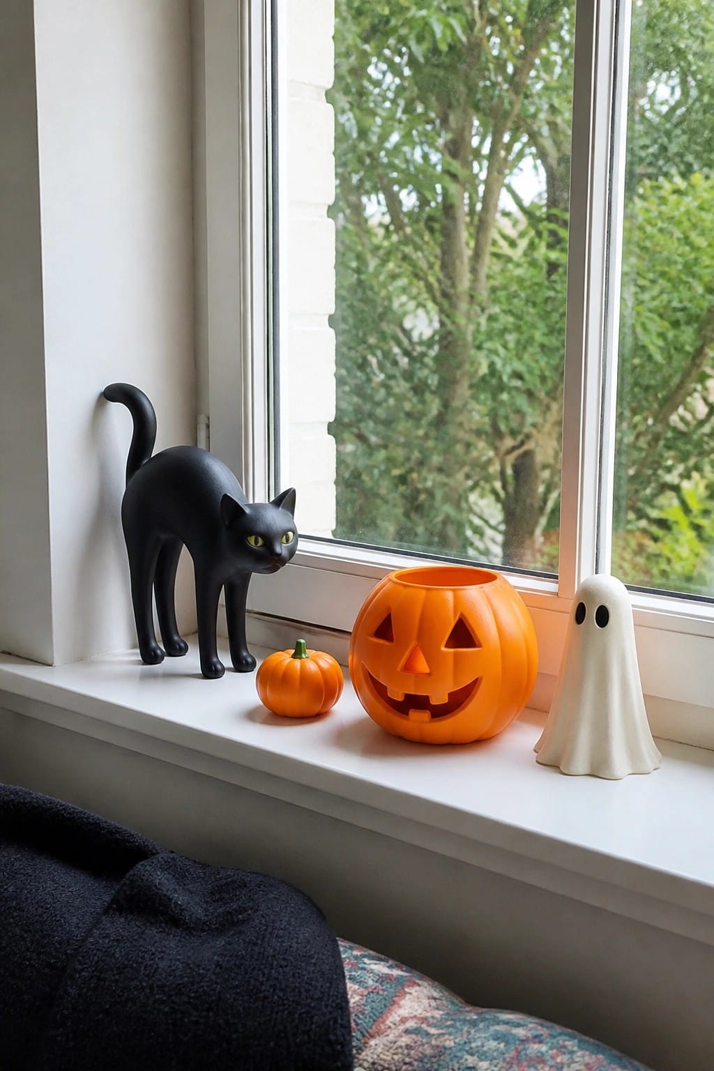 Black cat figurine, jack-o'-lantern, pumpkin, and ghost on sunny windowsill with trees outside