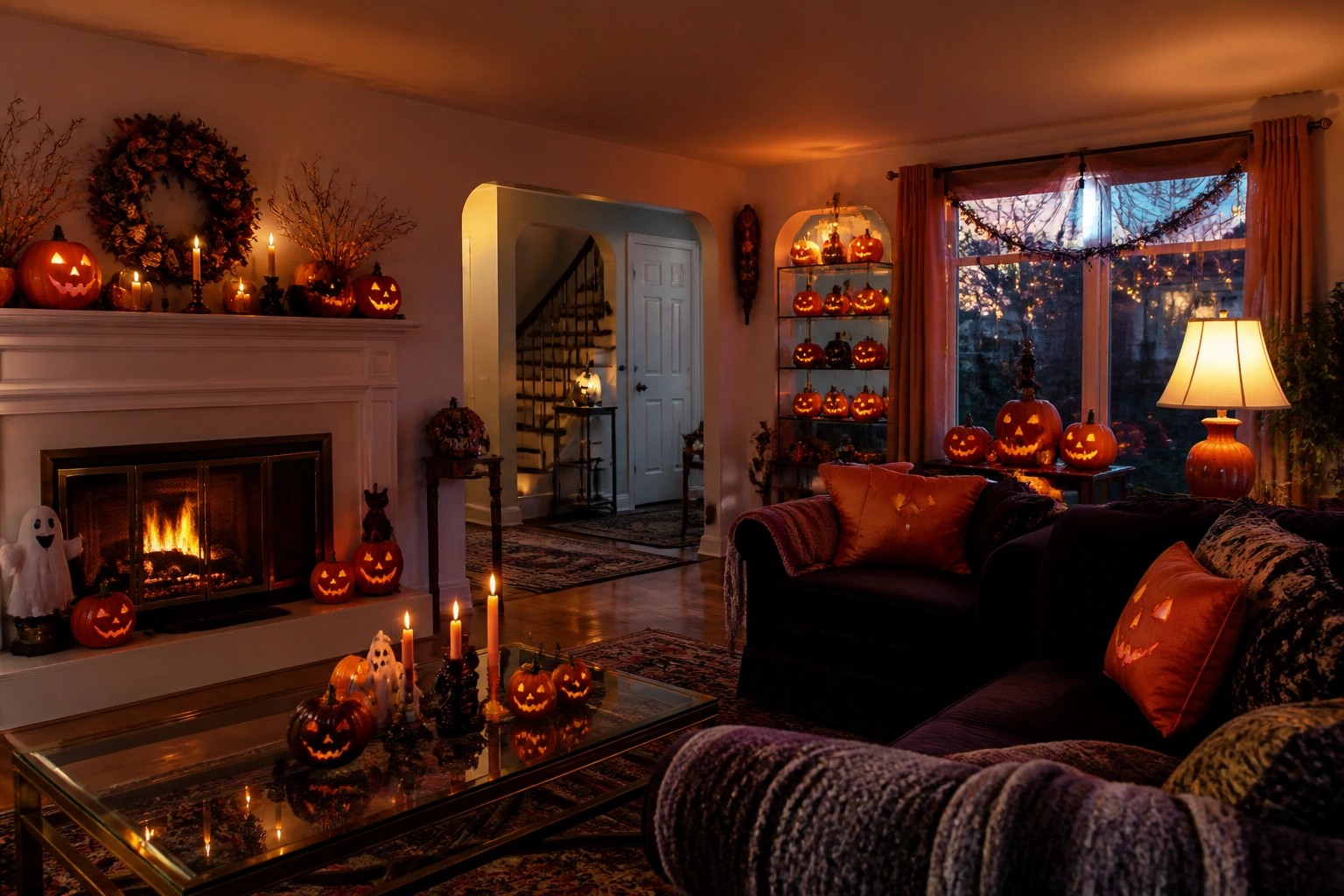 Living room mantel styled with carved jack o lanterns, string lights, spiderwebs, and black cat figures.