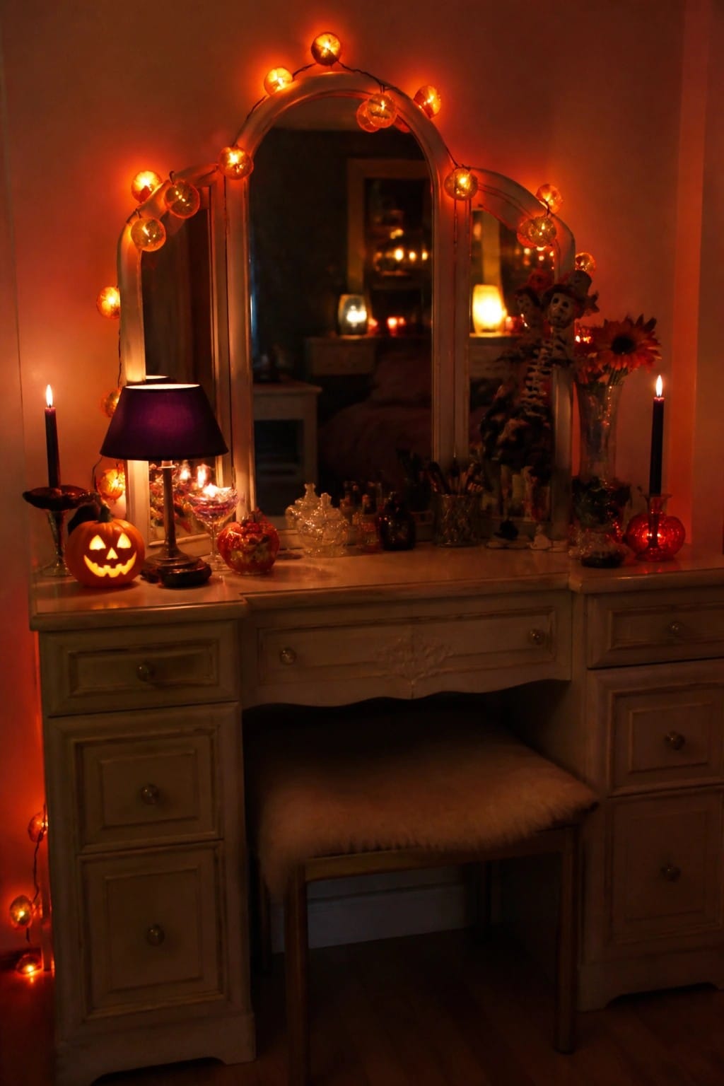 Vanity table with mirror framed by glowing string lights, a lit jack-o'-lantern, candles, and small Halloween figurines arranged on top.