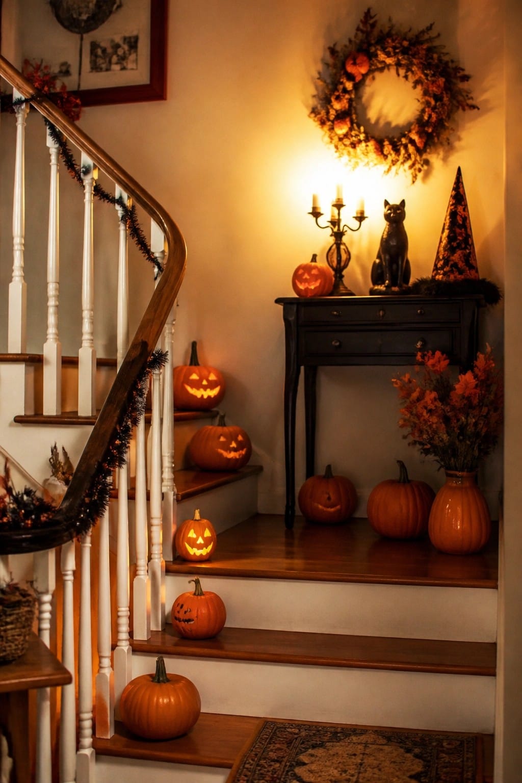 A staircase lined with carved jack o'lantern pumpkins and a console table holding a black cat statue and witch hat.