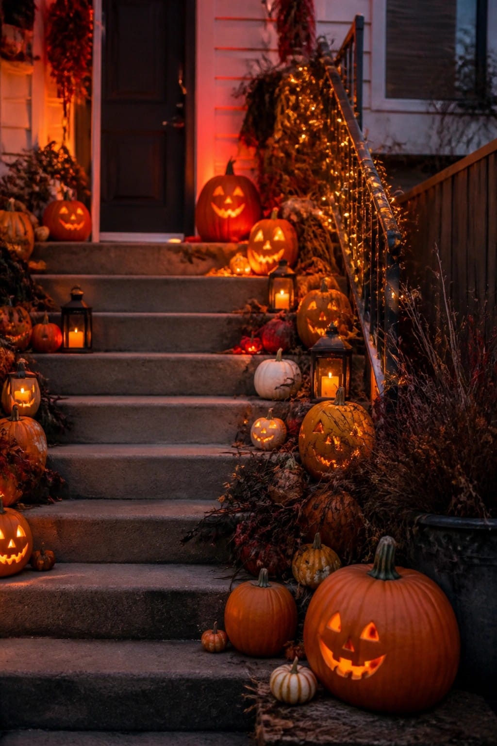 Concrete porch steps lined with carved jack o lanterns of various sizes and glowing lanterns in the evening.