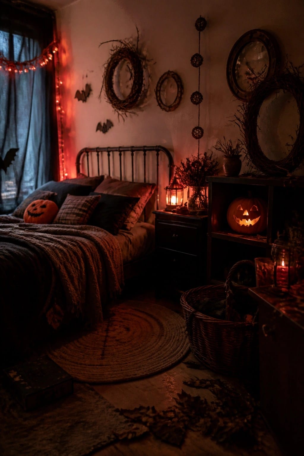 Spooky bedroom with jack-o'-lanterns, candles, wreaths, bats, and glowing red lights