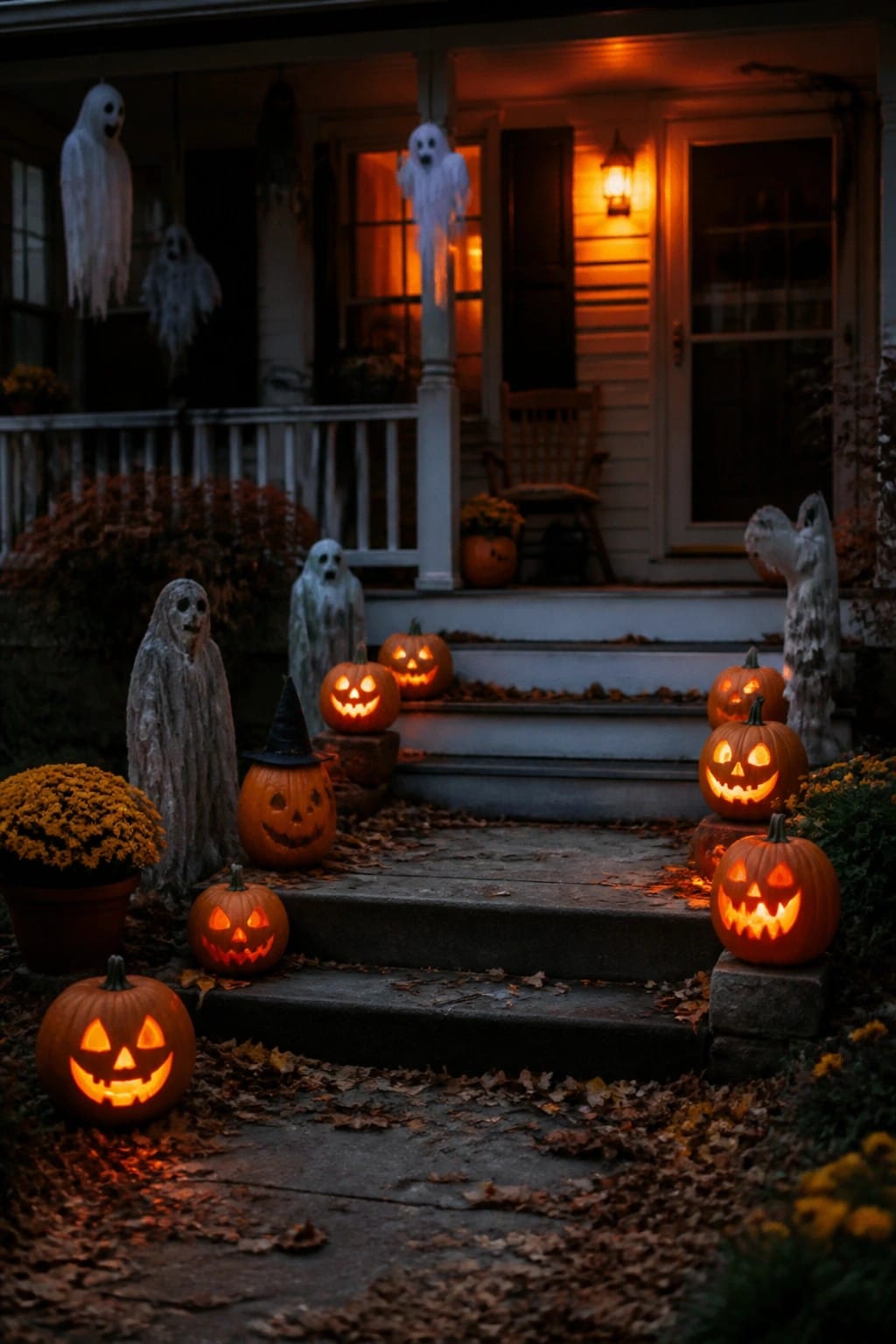 Front porch decorated with white sheet ghosts and glowing carved pumpkins arranged on the steps and around the entrance.