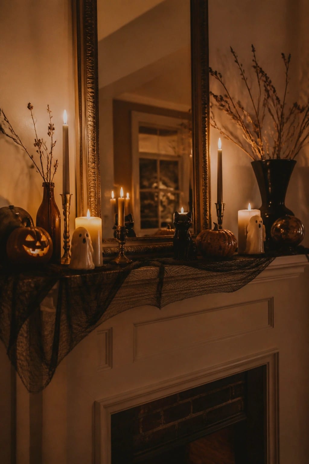 A white fireplace mantel styled with ghost candles, a black cat figurine, small pumpkins, and lit taper candles under a large mirror.