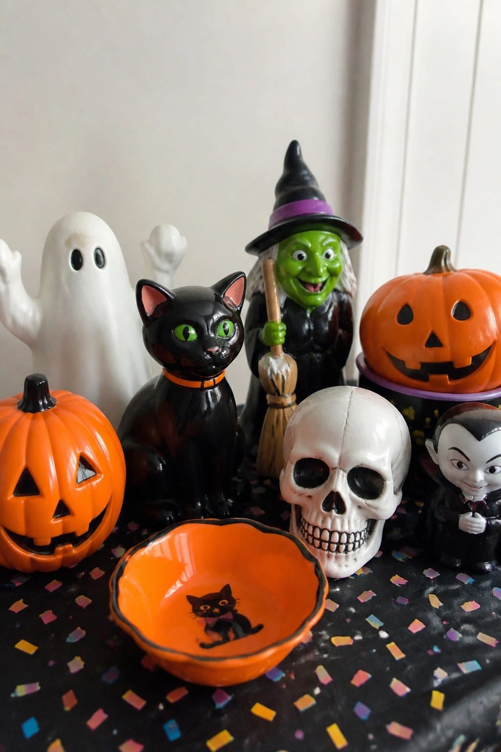 Halloween figurines of pumpkins, ghost, black cat, witch, skull, and vampire on confetti cloth.