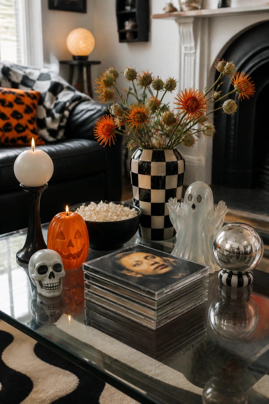Halloween coffee table with lit candles, skull, ghost, checkered vase, and CDs