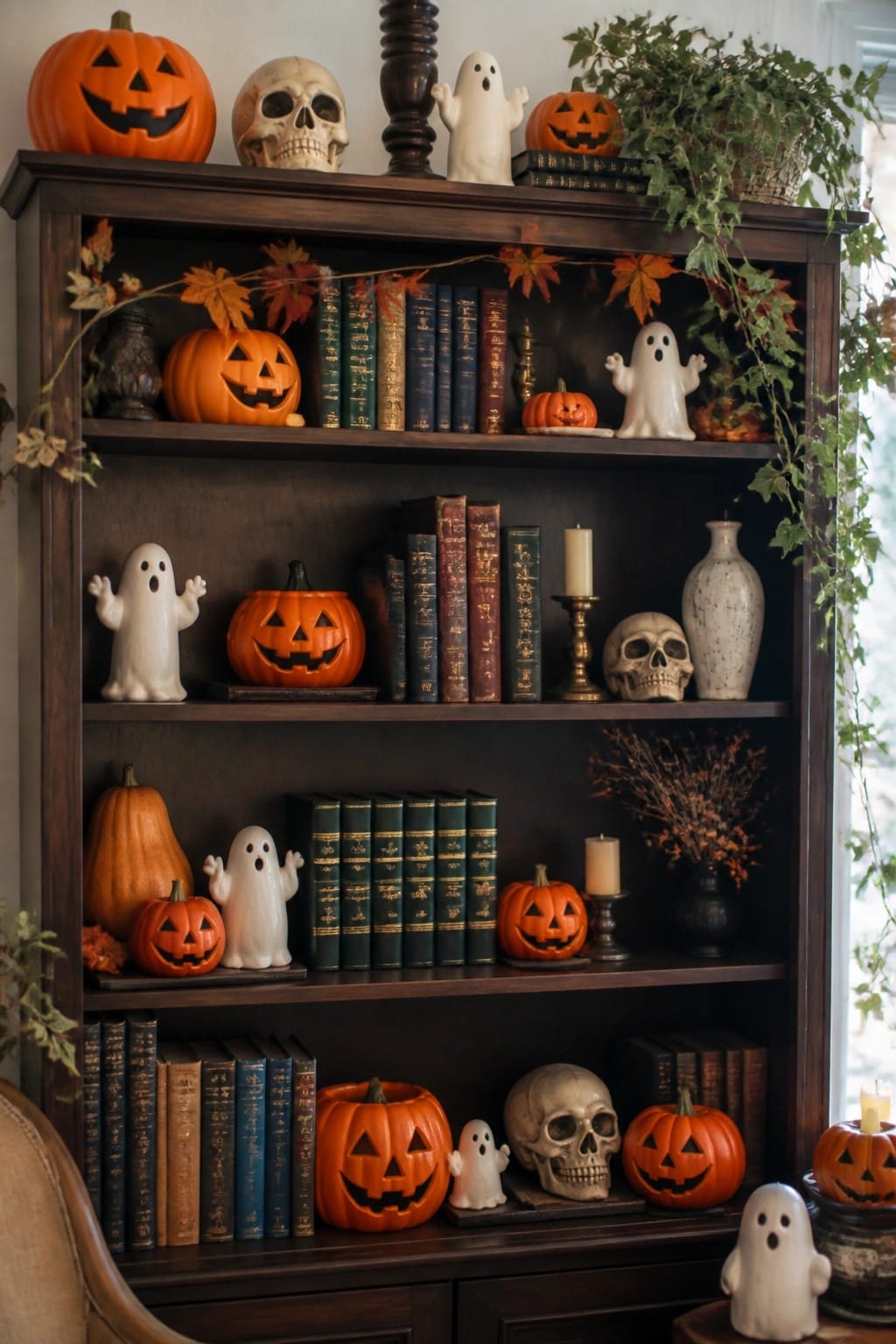 Dark wooden bookshelf styled with ceramic ghosts, orange jack o lanterns, skulls, and vintage books for a Halloween display.