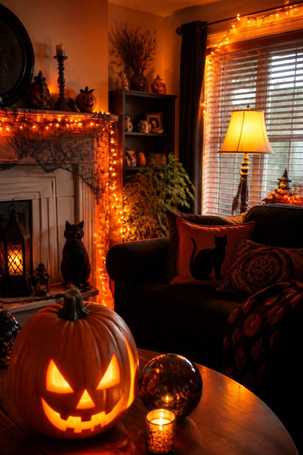 Living room mantel styled with carved jack o lanterns, string lights, spiderwebs, and black cat figures.