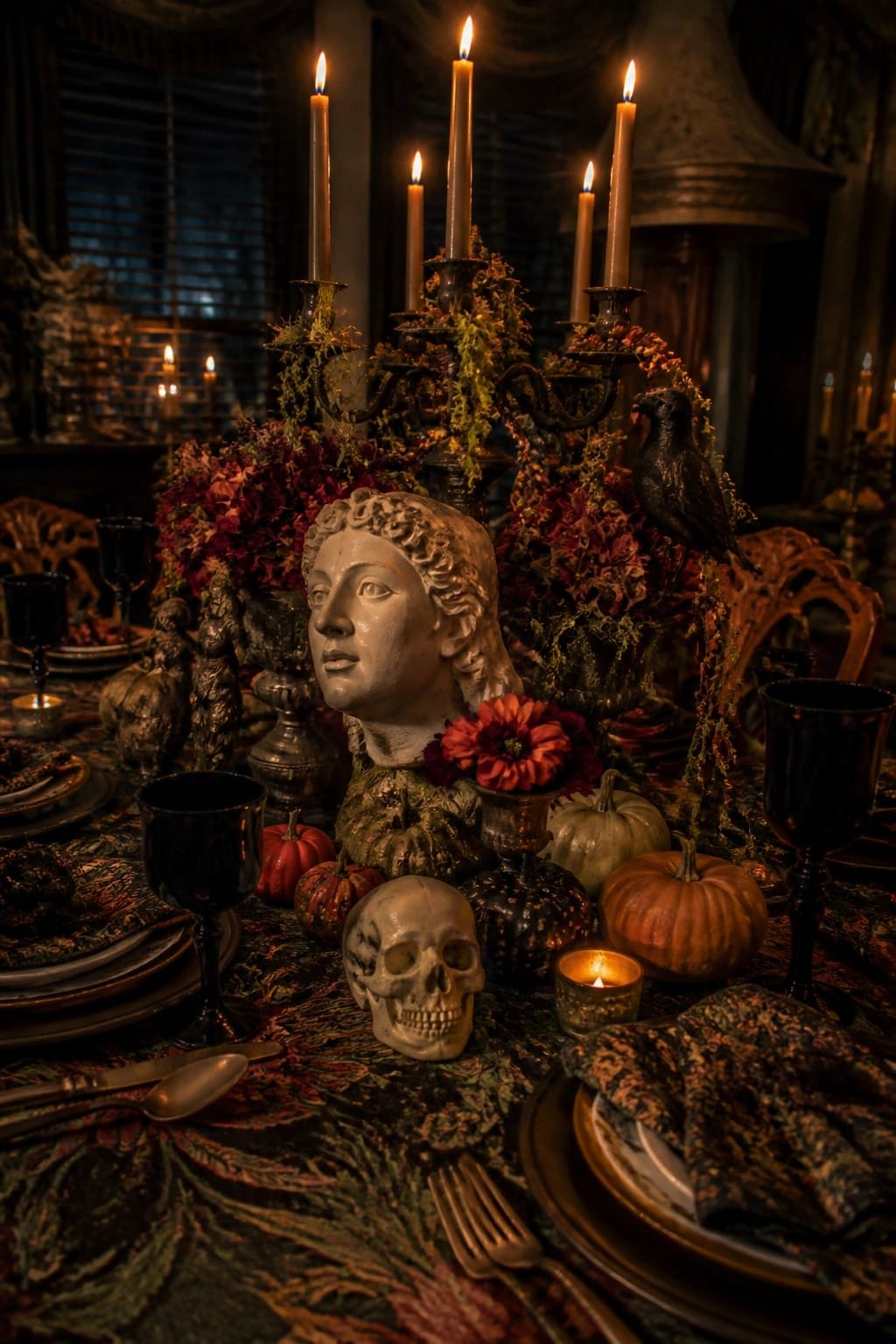 A dining table centerpiece featuring a large dark candelabra with lit candles, a skull, a stone bust, small pumpkins, and a black bird figurine.