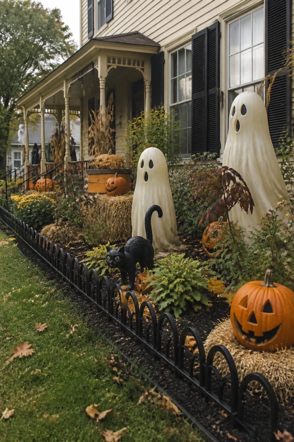 Front yard of a house decorated with two large white ghost figures, carved pumpkins, and a black cat statue placed among garden beds and hay bales.