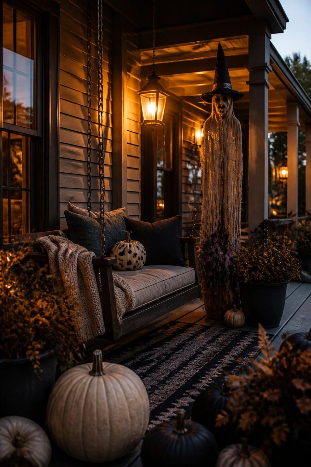 Front porch with a tall witch figure standing beside a wooden swing that holds pillows and a small patterned pumpkin.