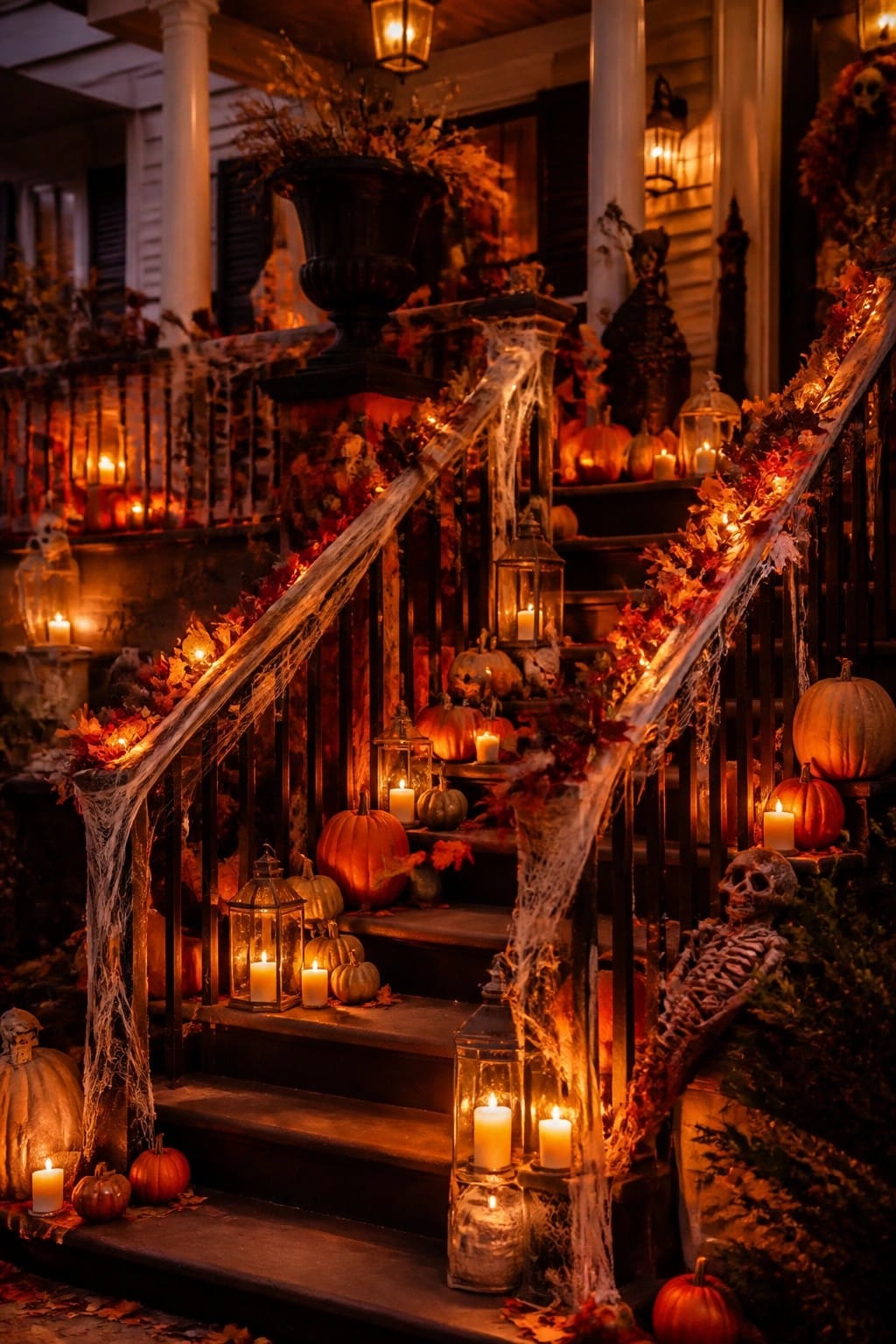 Exterior staircase at night covered in white spiderwebs with glowing lanterns, pumpkins, and a skeleton positioned at the base.