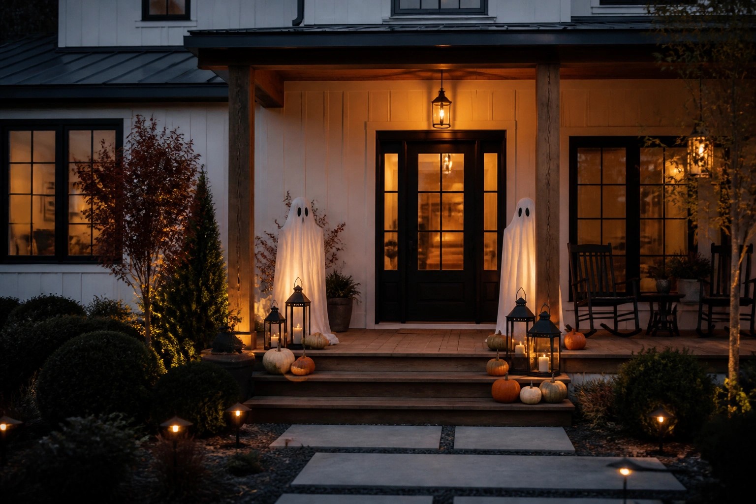 White house front porch with multiple carved and lit jack-o'-lanterns arranged on the steps and around the entrance.