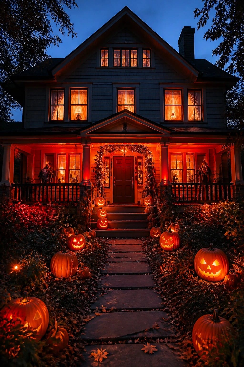 Two-story house exterior at night with rows of glowing carved jack-o'-lanterns lining a stone walkway and porch steps.