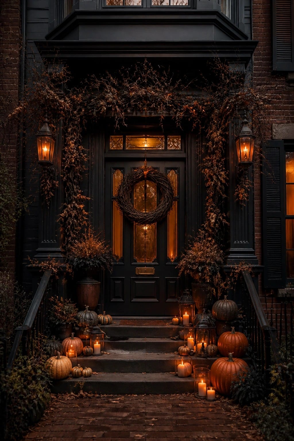 Black front door with a grapevine wreath, flanked by lanterns and steps lined with pumpkins and lit candles at night.