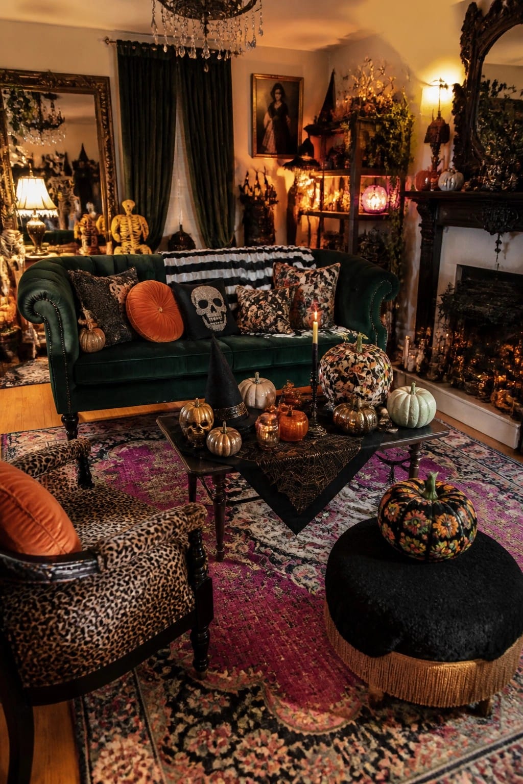 Living room coffee table styled with metallic pumpkins, skulls, a black witch hat, and candles on a spiderweb runner.