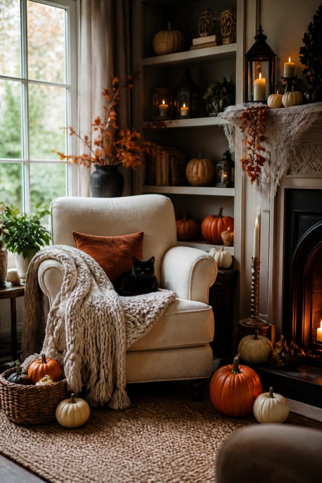 Living room mantel styled with orange and white pumpkins, lit candles, and lanterns for Halloween.