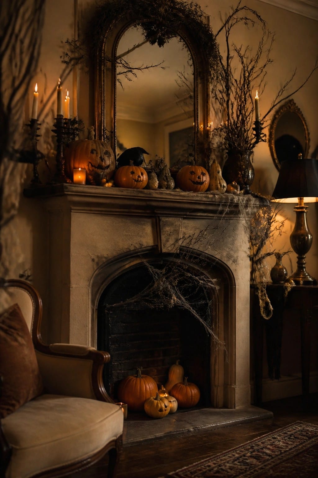 Living room fireplace mantel styled with carved jack o lanterns, candles, bare branches, and spiderwebs inside the opening.
