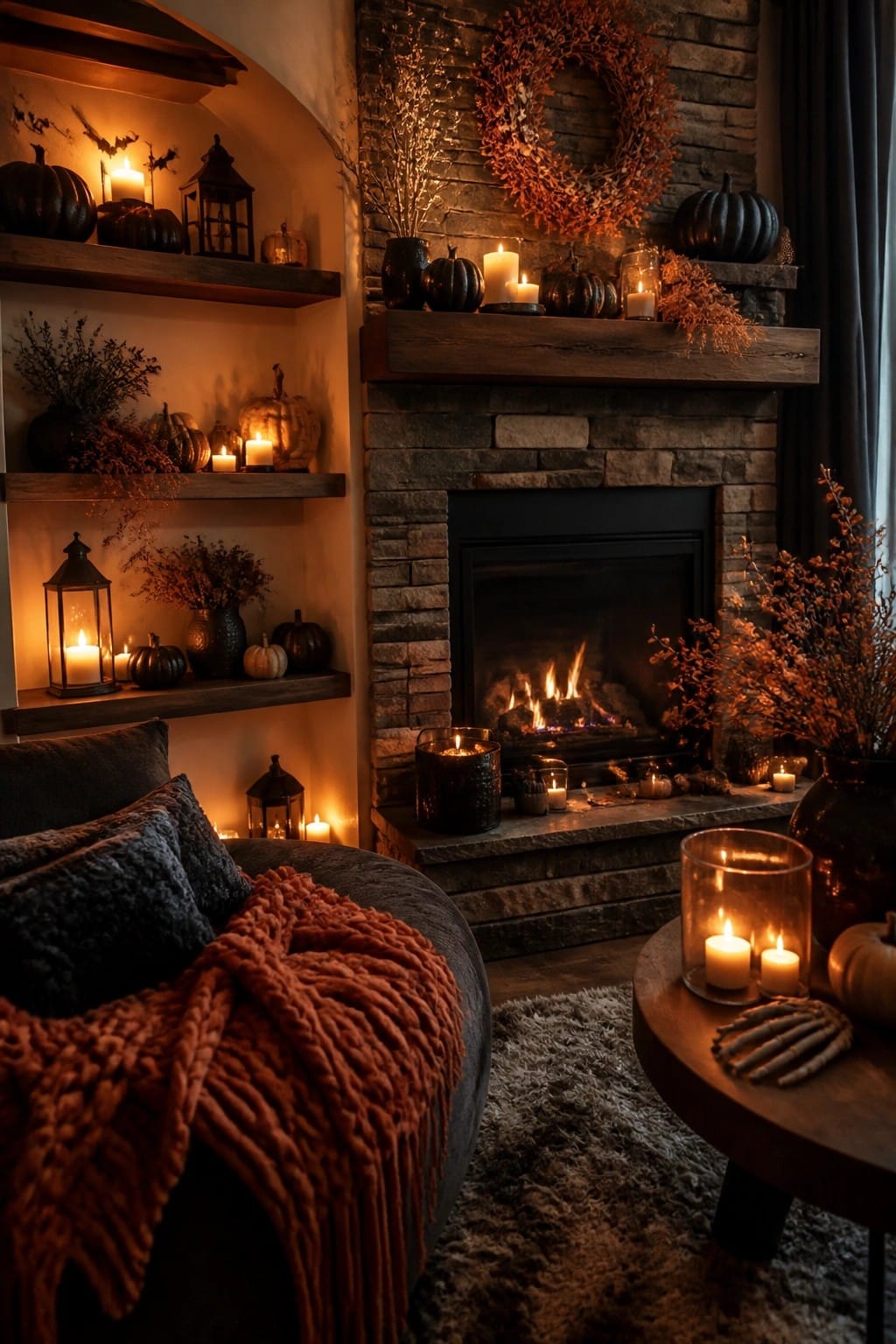 Living room fireplace mantel styled with black pumpkins, white candles, and a dried wreath above a burning fire.