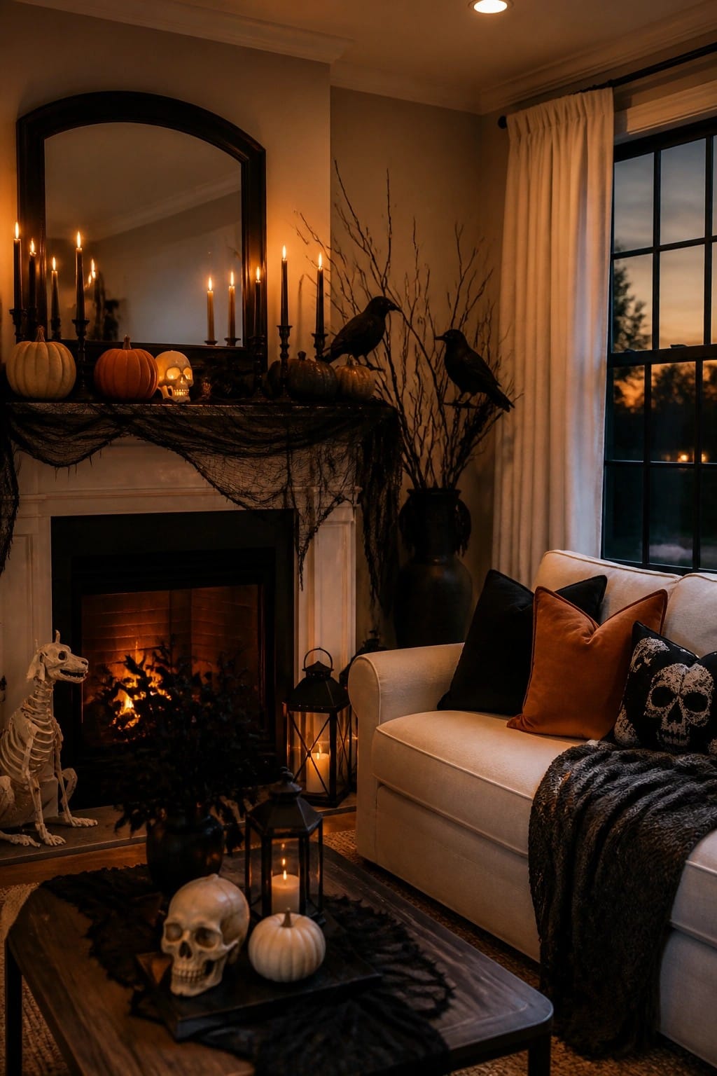 Living room fireplace mantel styled for Halloween with skulls, black crows on branches, pumpkins, black candles, and dark netting.