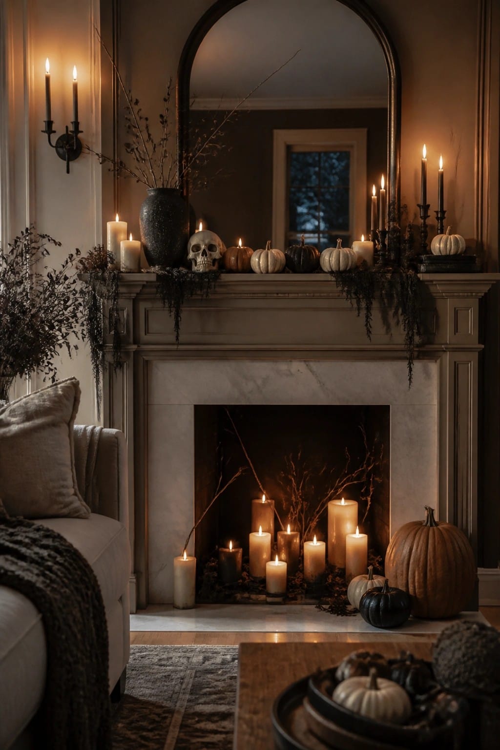 Living room fireplace mantel decorated with a central skull, white and black candles, small pumpkins, and dark branches for Halloween.