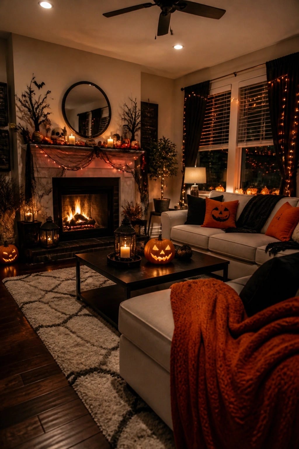 Living room fireplace mantel styled with carved jack-o'-lanterns, candles, spiderwebs, and black branches for Halloween.