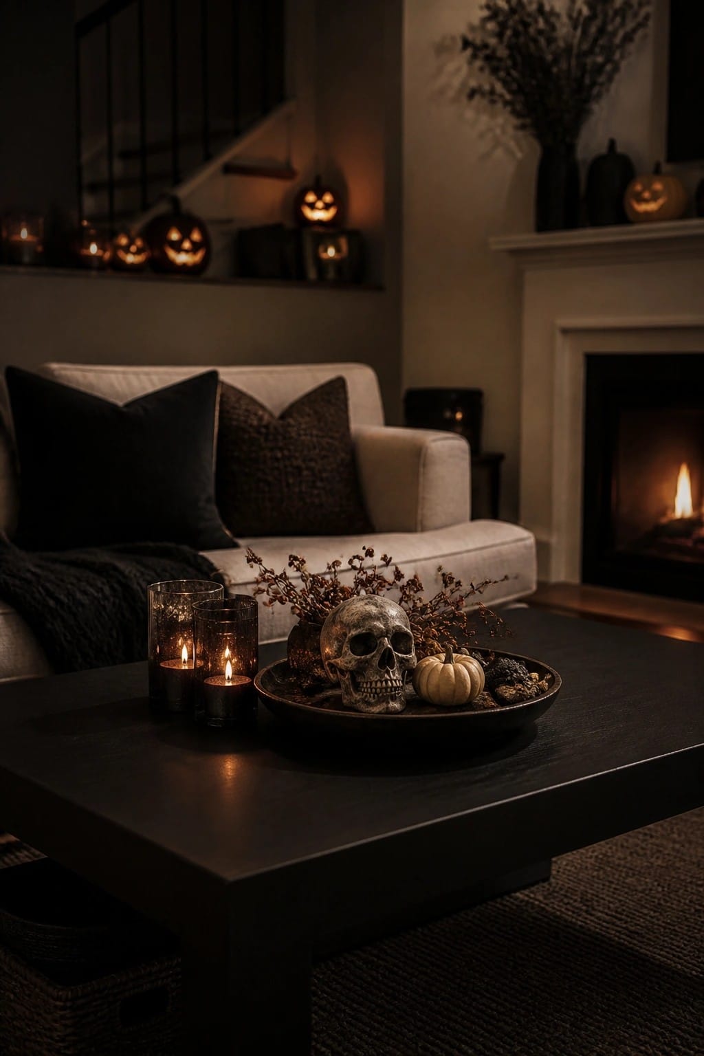 Dark coffee table with skull, candles, and pumpkin in Halloween living room