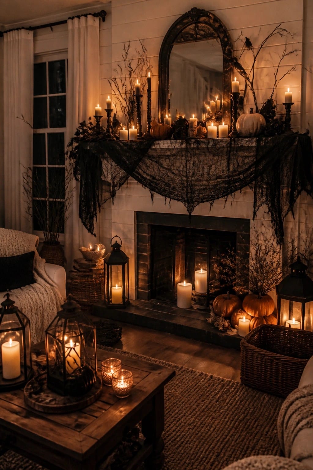 Cozy living room with candlelit fireplace, pumpkins, lanterns, and black mantel decorations.